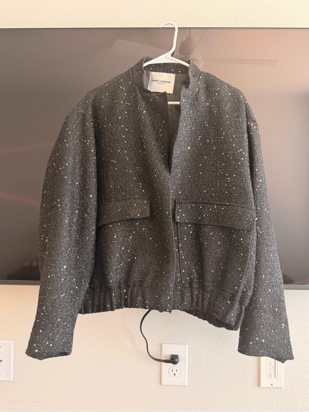 Saint Laurent Charcoal Tweed Sequin Bomber Jacket